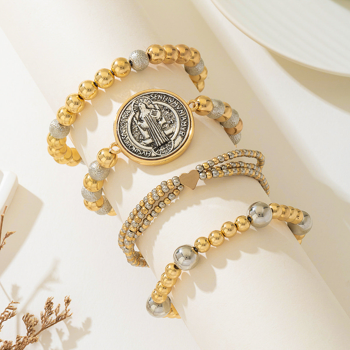 Planderful Vienna Verve Bracelet Set – Unique Gold Beaded Religious Design