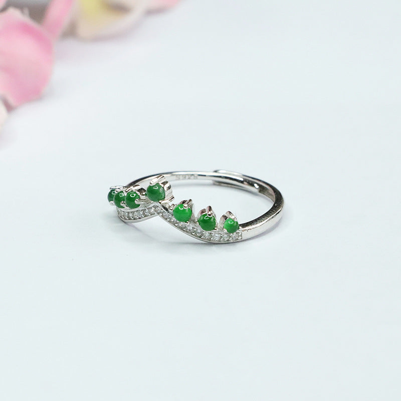 Sterling Silver Adjustable Ice Emperor Green Jade Crown Ring