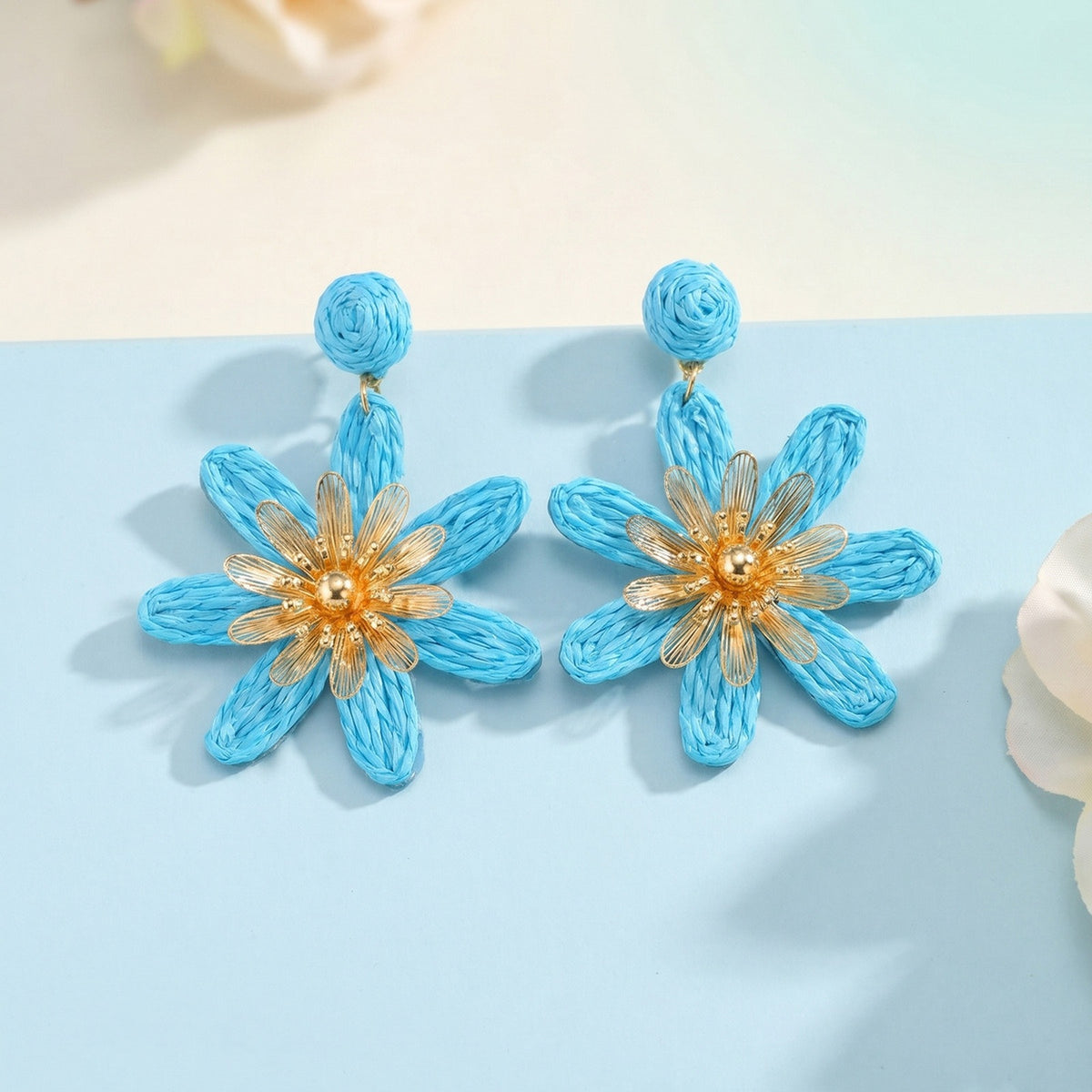 Turquoise Woven Flower Statement Earrings
