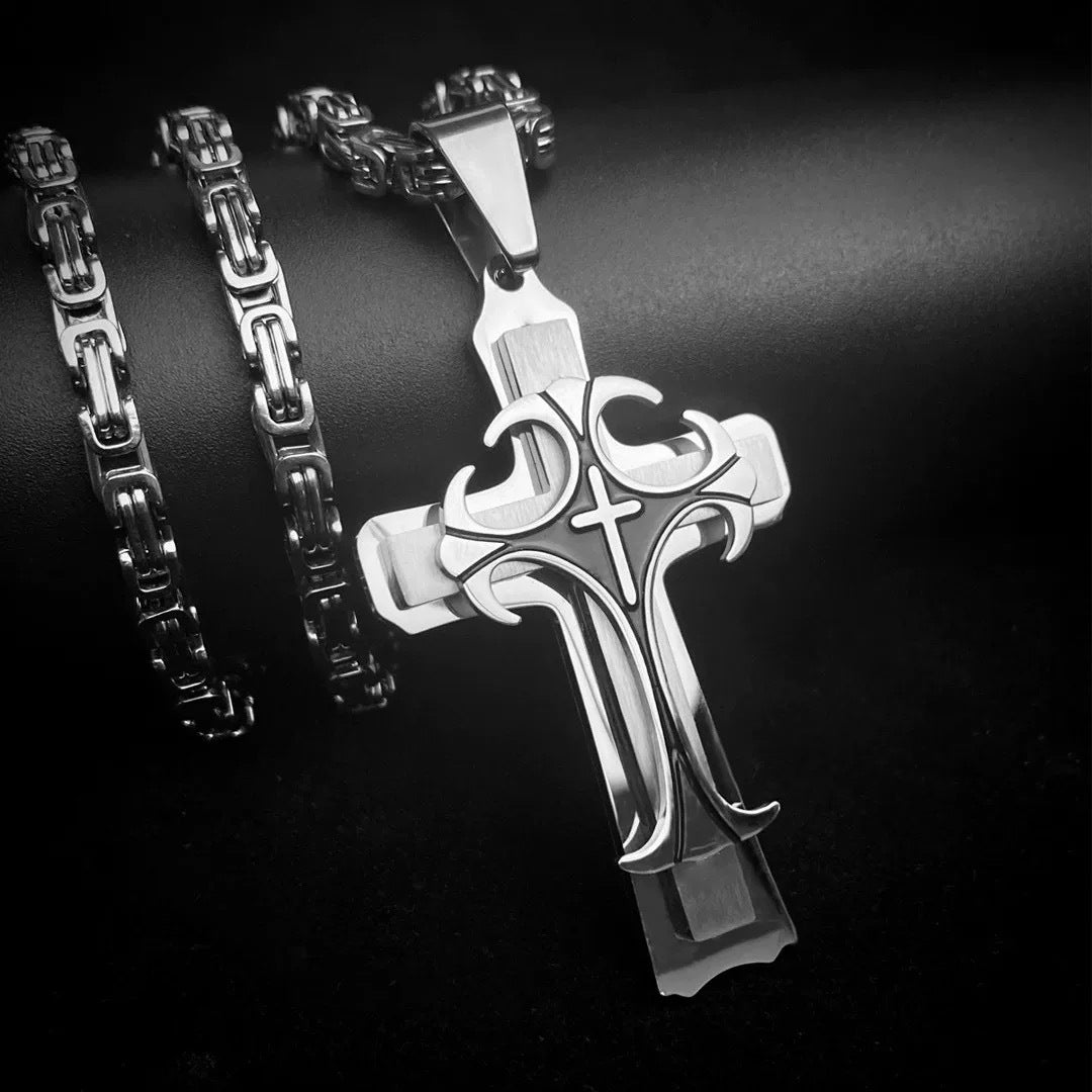 Planderful Titanium Steel Mens Cross Necklace Trendy Sweater Chain Hip Hop Pendant