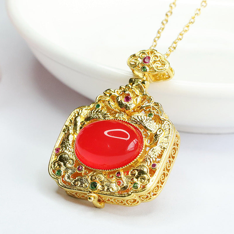 Oval Red Agate Phoenix Sachet Openable Golden Pendant