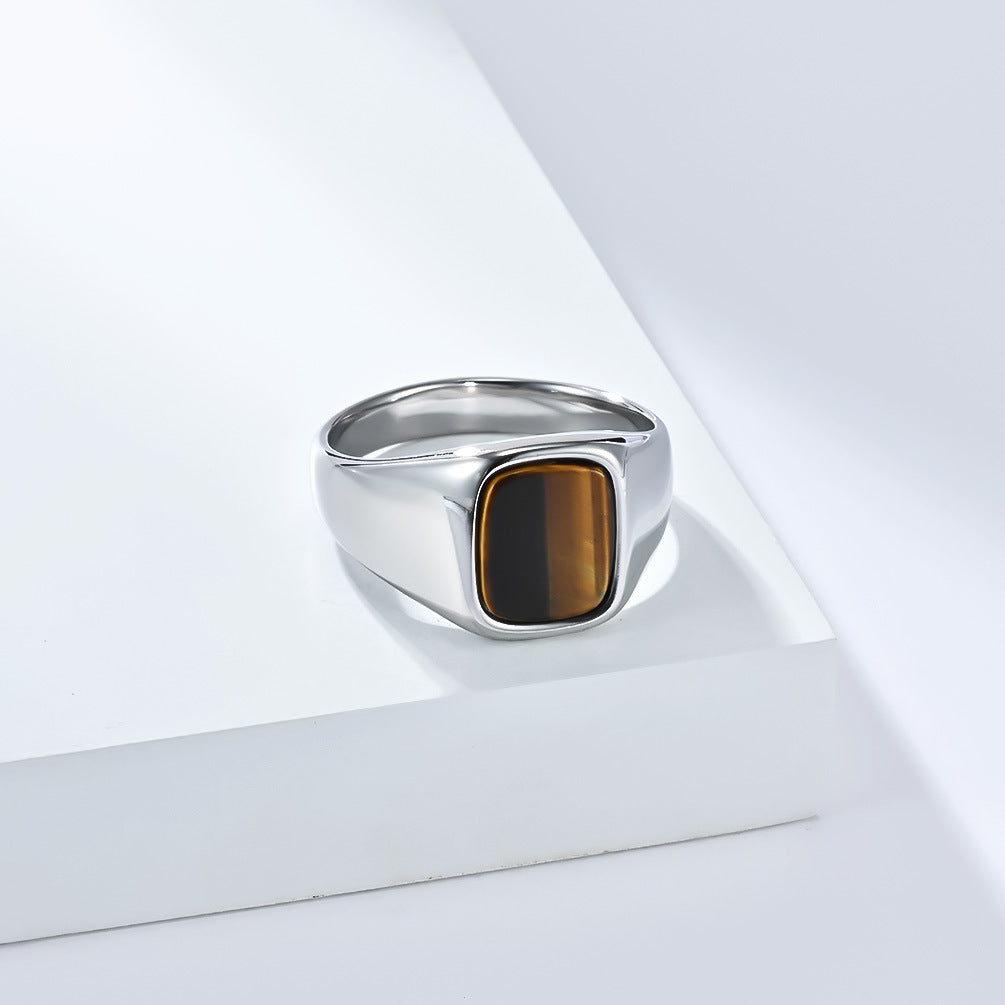 Planderful Tiger's Eye Ring Titanium Steel Inlaid Unisex Modern Gem Ring For Men And Women
