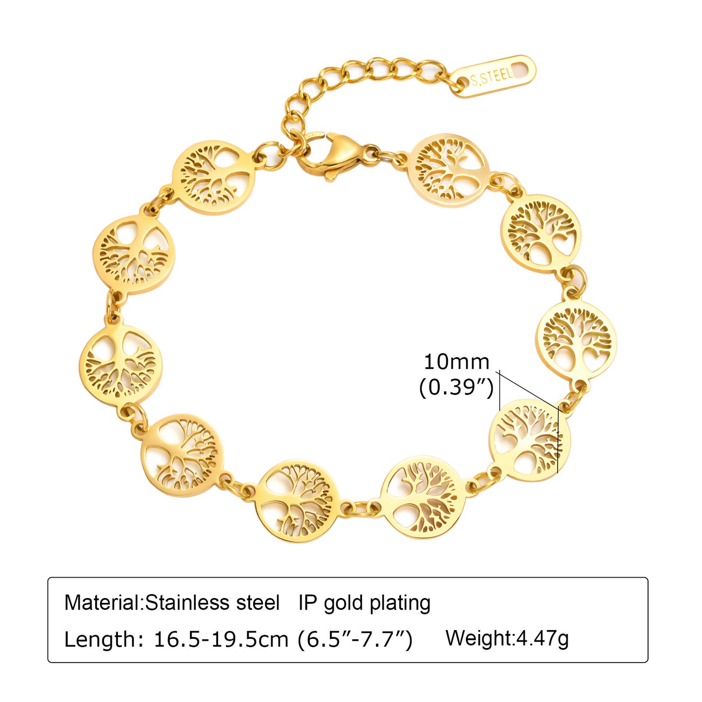 Stainless Steel Tree of Life Bracelet Golden Lady Jewelry