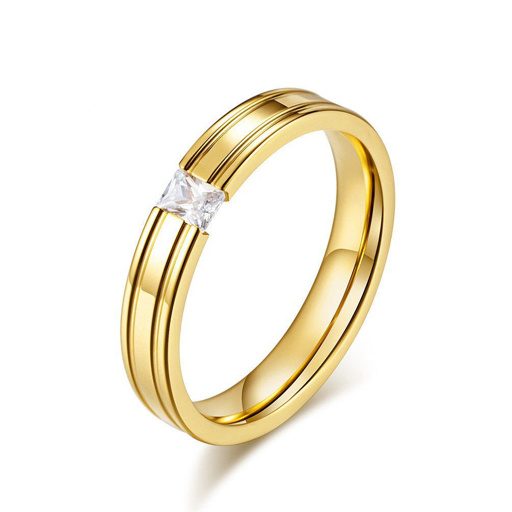 Gold-Plated Couple Zircon- Pair Ring 4mm Wide Smooth Surface Zircon Titanium