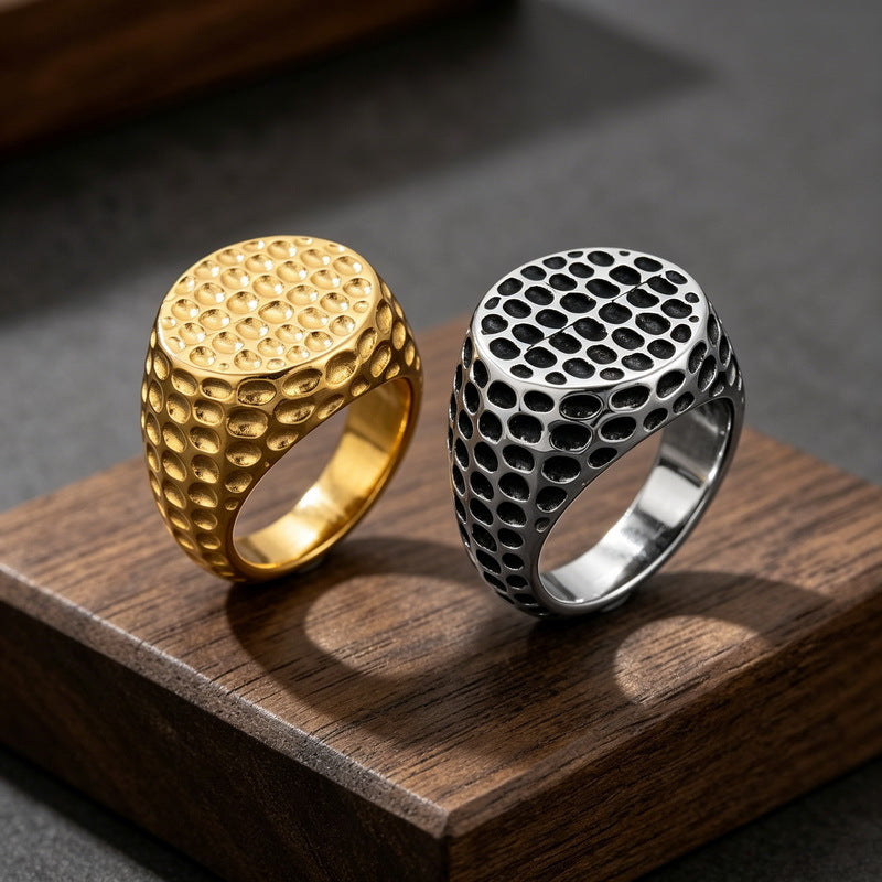 Punk Style Dome Hammer Texture Finger Retro Smearing Wide-Sided Meteorite Pattern Stainless Steel