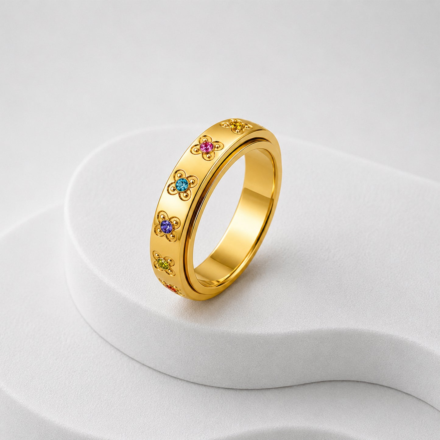 Planderful Rotatable Decompression Ring Stainless Steel Zircon Flower For Couples Unisex