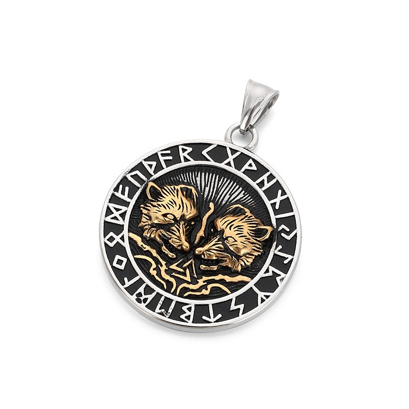 Nordic Viking Mythology Tomahawk Raven Totem, Retro Double Wolf And Crow Titanium Necklace