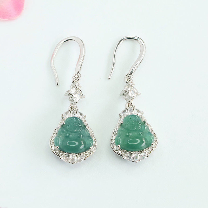 Blue-Water Jadeite Buddha Zircon Halo Earrings