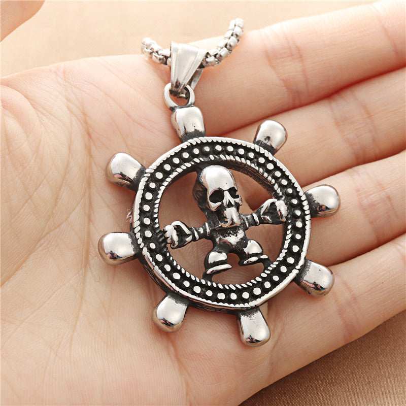 Titanium Steel Skull Pendant Necklace for Men - Retro Punk Style with Rudder Design