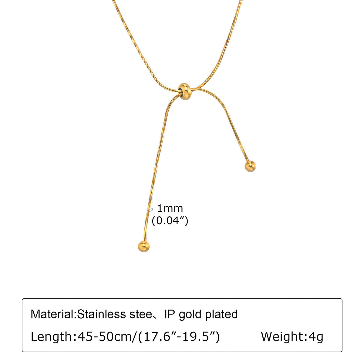 Stainless Steel Round Snake Chain Necklace Ladies Gold Adjustable
