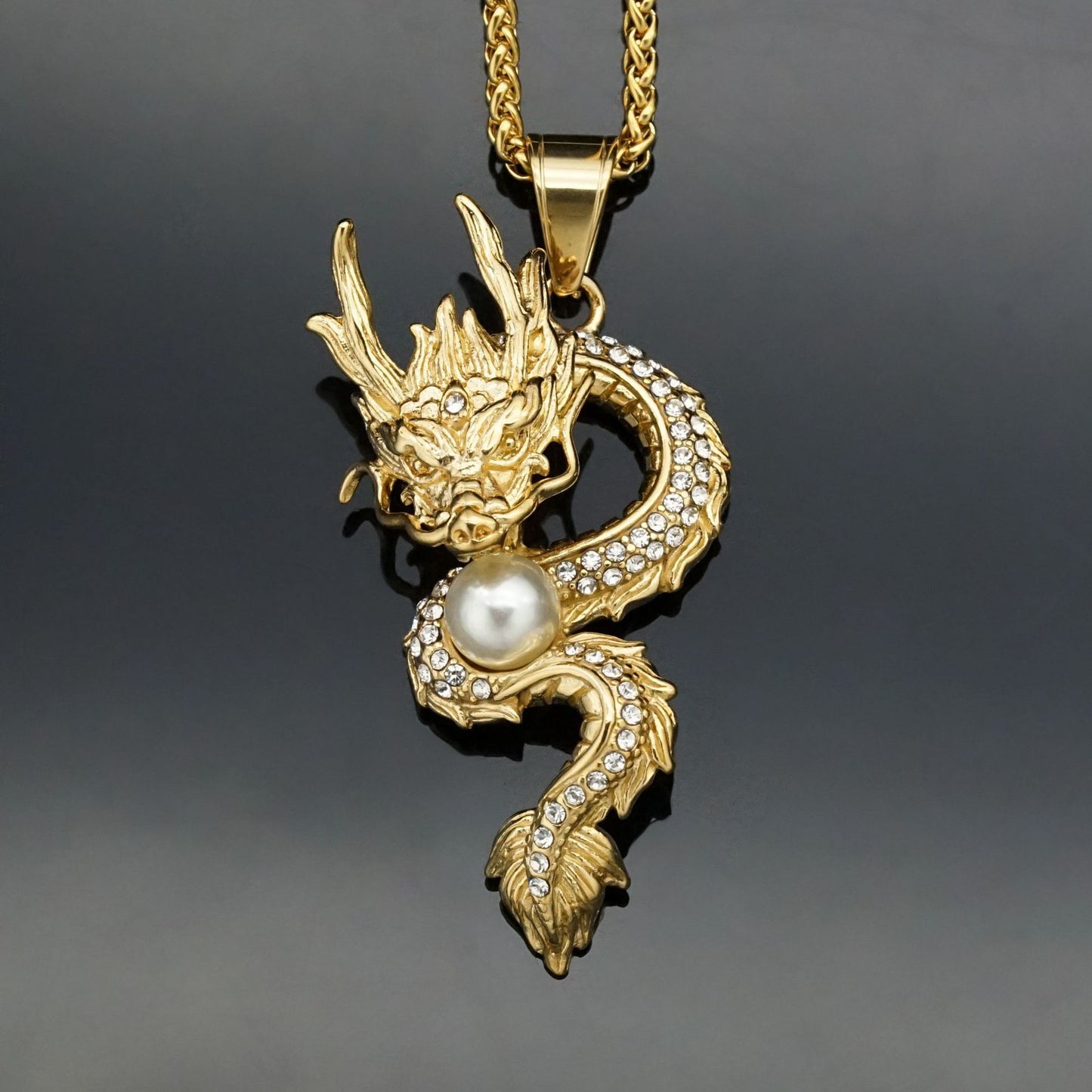 Planderful Dragon Necklace Gold Plated Stainless Steel With Zircon Flying Dragon Pendant Unisex Statement Jewelry