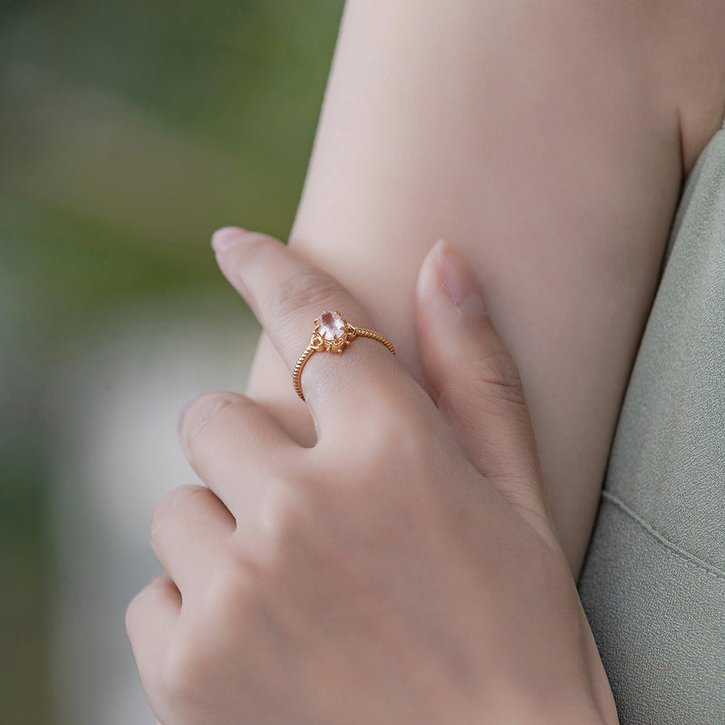 Retro Palace Style Oval Pink Crystal Opening Silver Ring