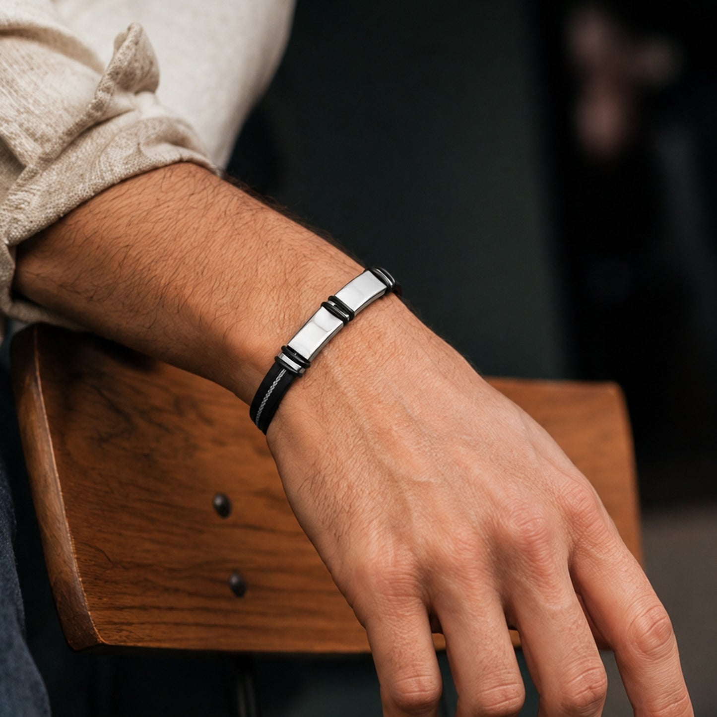 Stainless Steel Leather Rope Bracelet Two Tone Black Silver Men Unisex Protection Statement Planderful Everyday Genie