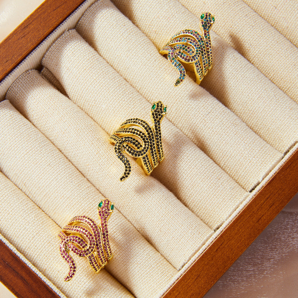 Snake Charm Copper Ring with Colored Zircon - Hip-Hop Style Open Index Finger Design
