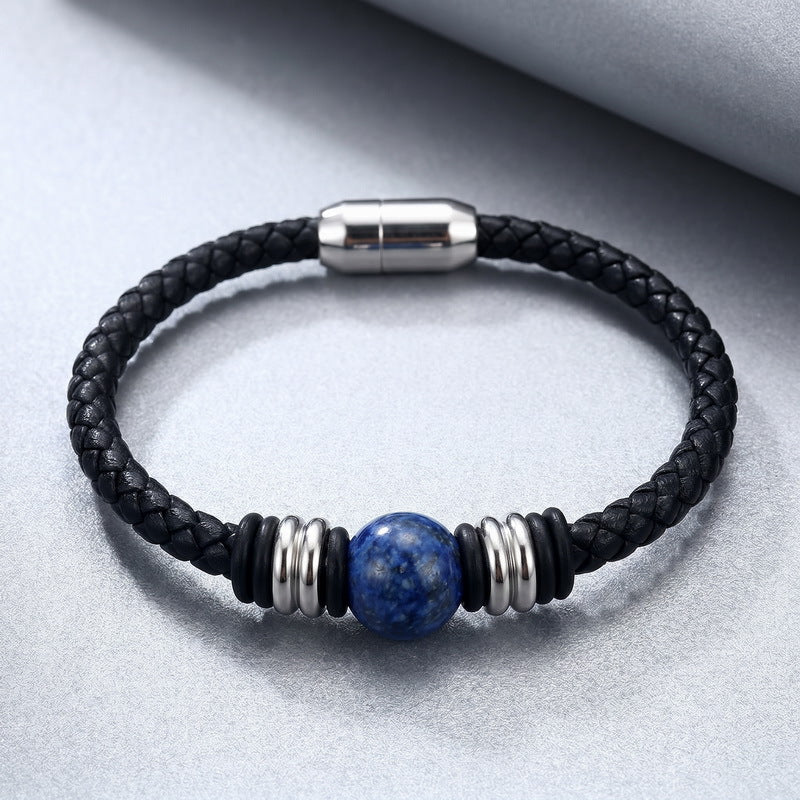 Woven Leather Rope Bracelet Tiger's Eye Stone Lapis Lazuli Magnetic Buckle Stainless
