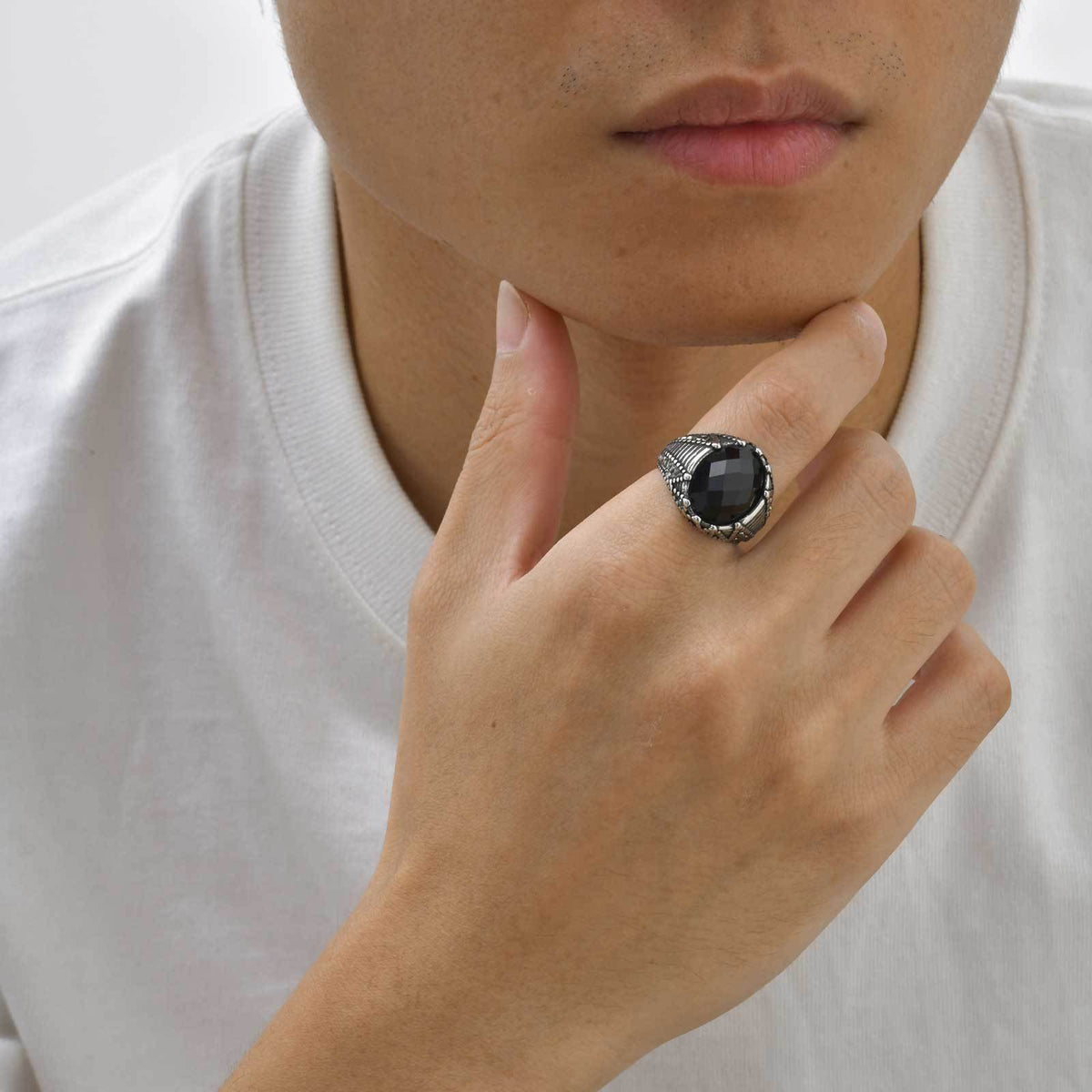 Stainless Steel Geometric Ring Inlaid With Round Cut Black Glass Black Agate – Men's Cool