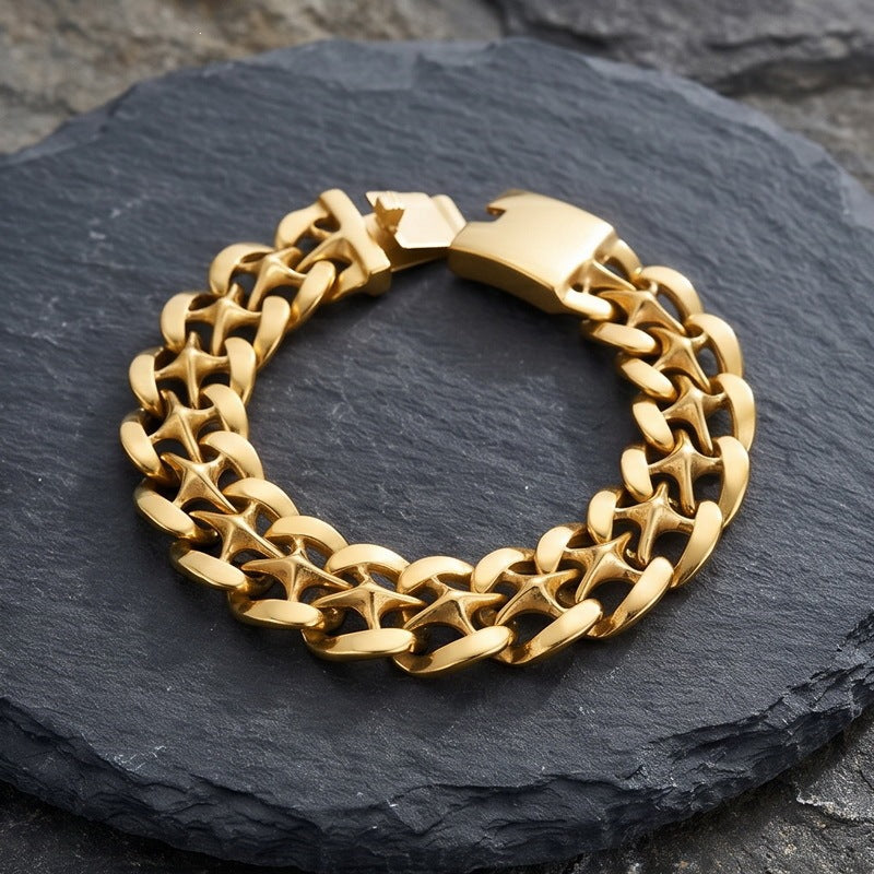 Hip-Hop Rock Street 19mmx Type Hollow Cuban Chain Stainless Steel Men's Bracelet