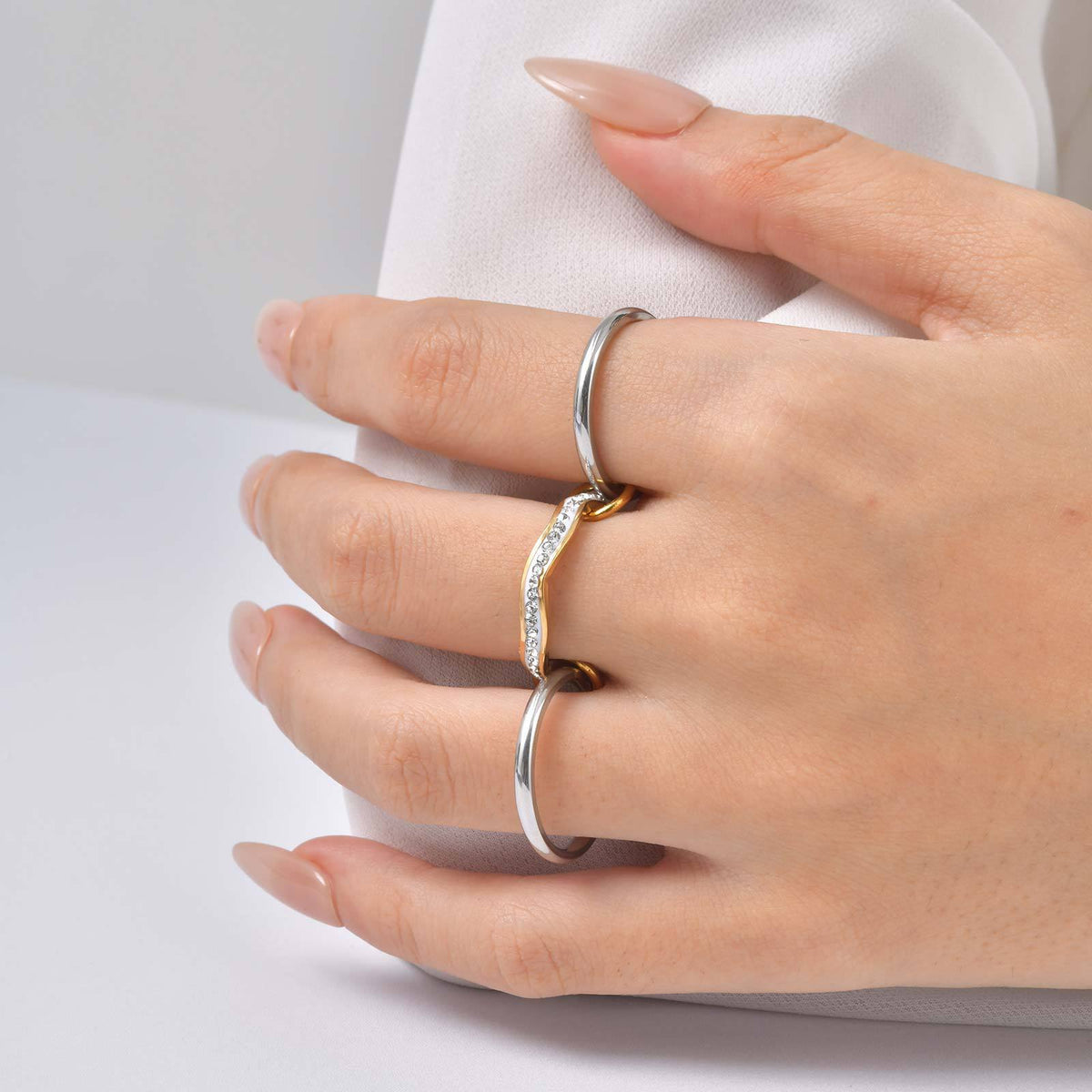 Stainless Steel Women's Index Finger Ring Cold Wind Multi- Rhinestone Steel +