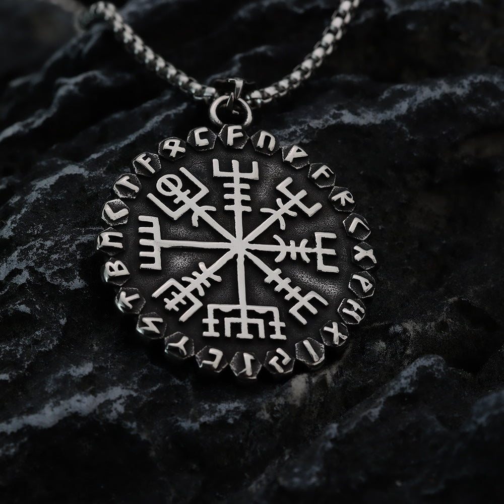 Nordic Retro Stainless Steel Men's Viking Compass Rune Necklace