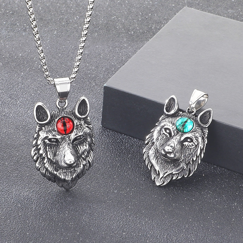 Qixiang Opal Wolf Head Pendant Direct Supply, Punk Style Old Wolf Totem Wolf Necklace