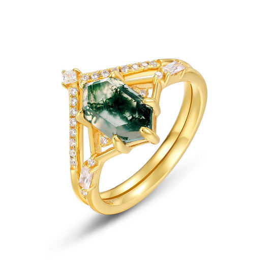 S925 Sterling Silver Gold-Plated Moss Agate Signature Ring