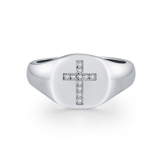S925 Sterling Silver Cross Signet Moissanite Ring