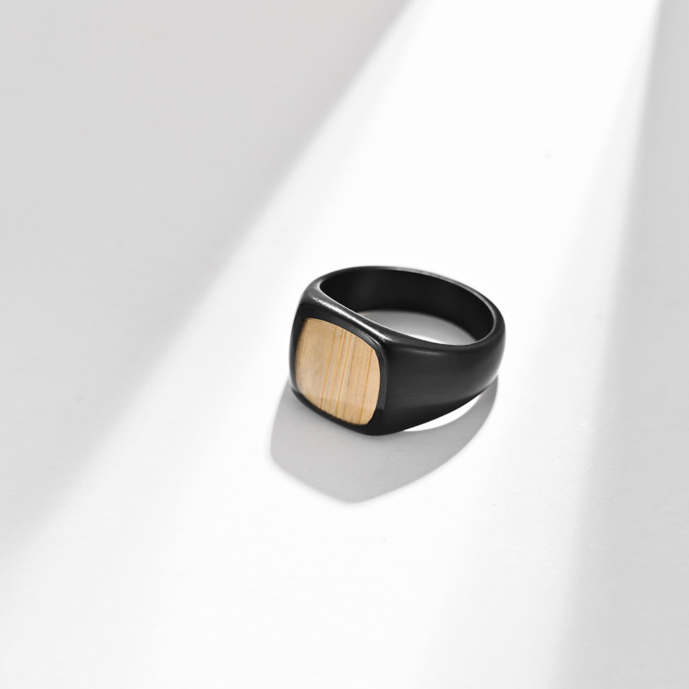 Planderful Gold Plated Titanium Steel Ring With Inlaid Veneer For Urban Streetwear Fans Bold Statement Jewelry