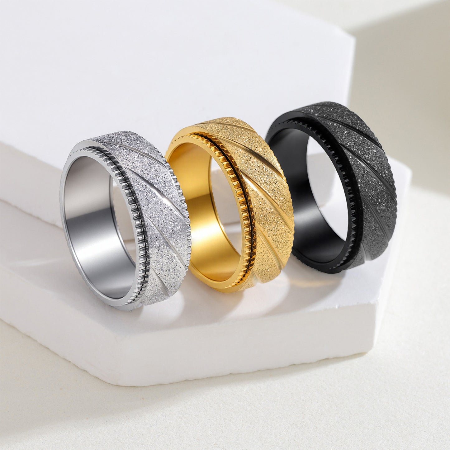 Planderful Titanium Steel Ring Unisex Rotatable Oblique Stripe Matte Finish Everyday Genie Statement