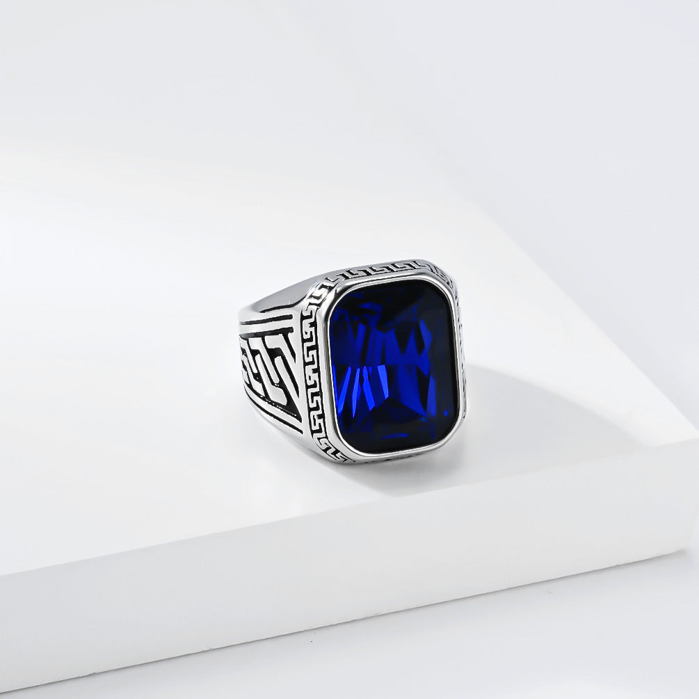 Textured Stainless Steel Gemstone Ring Men's Multi-Color Glass Stone Stainless Steel Index