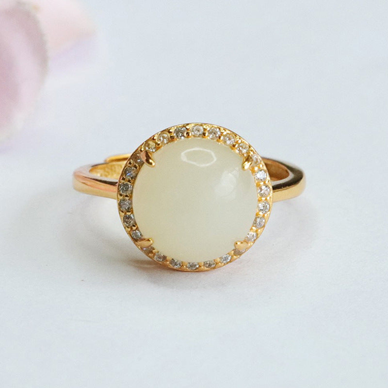 925 Sterling Silver Hetian Jade Round Cabochon Ring