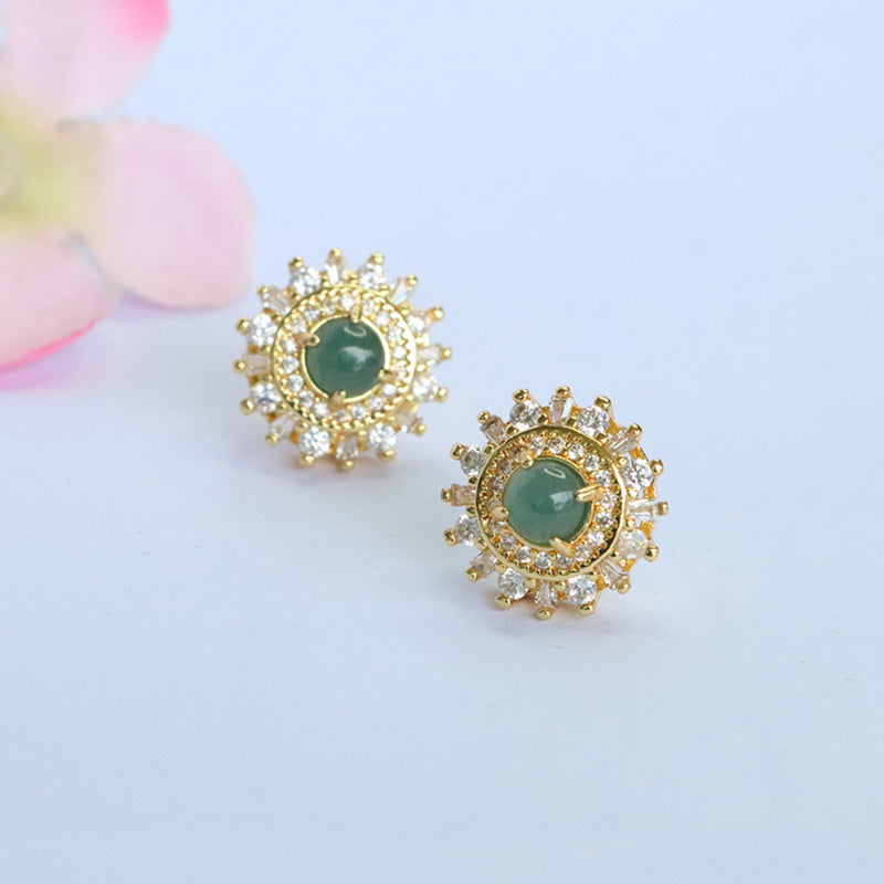Blue-Water Jadeite Sunflower Stud Earrings