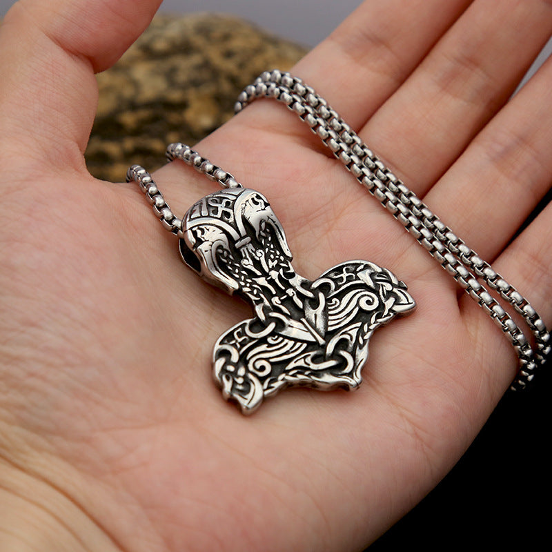 Retro Titanium Steel Odin Hammer Pendant Necklace for Men