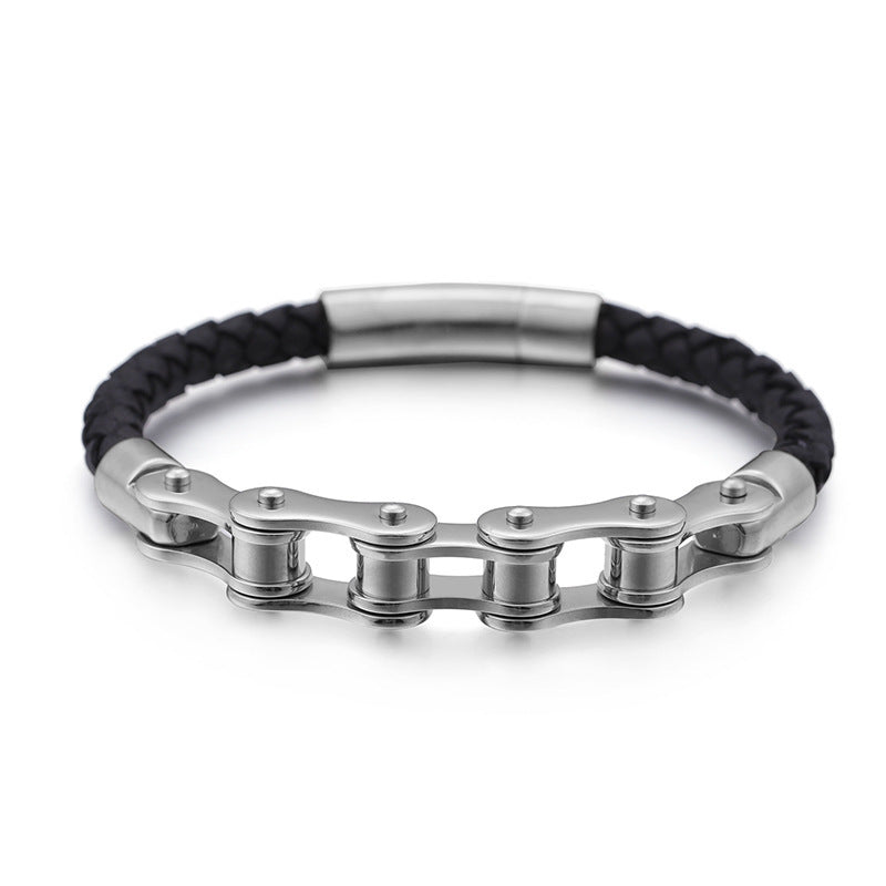 Cool Men's Stainless Steel Bicycle Chain Leather Bracelet – Locomotive Chain Cowhide