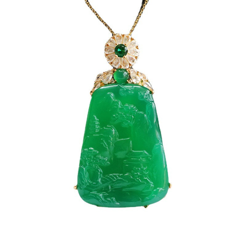 Golden Necklace with Natural Trapezoid Green Chalcedony Landscape Carving Pendant and Zircon Accents