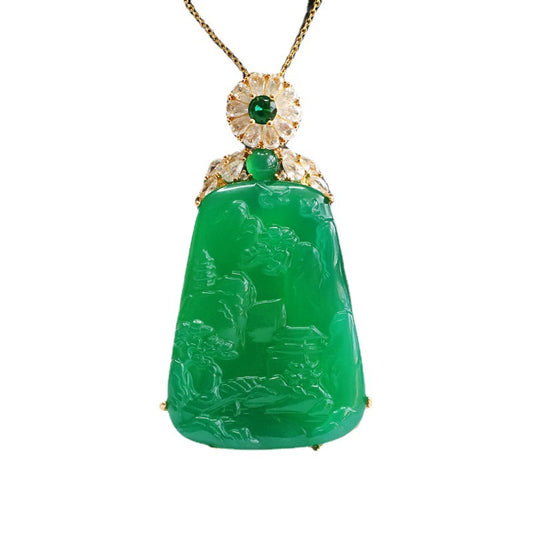 Golden Necklace with Natural Trapezoid Green Chalcedony Landscape Carving Pendant and Zircon Accents
