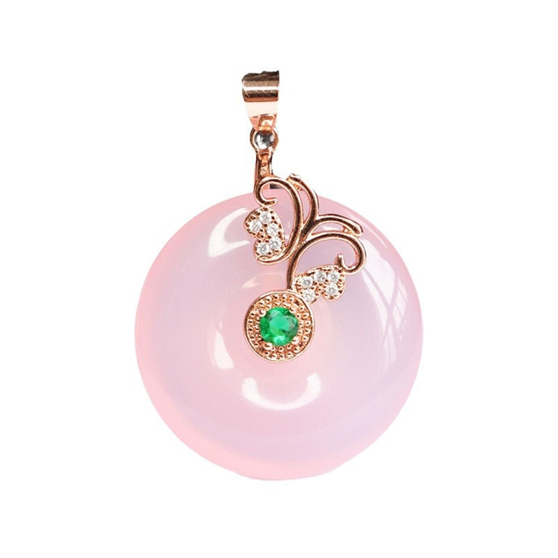 Rose Gold Necklace with Butterfly Pendant Featuring Natural Pink Chalcedony