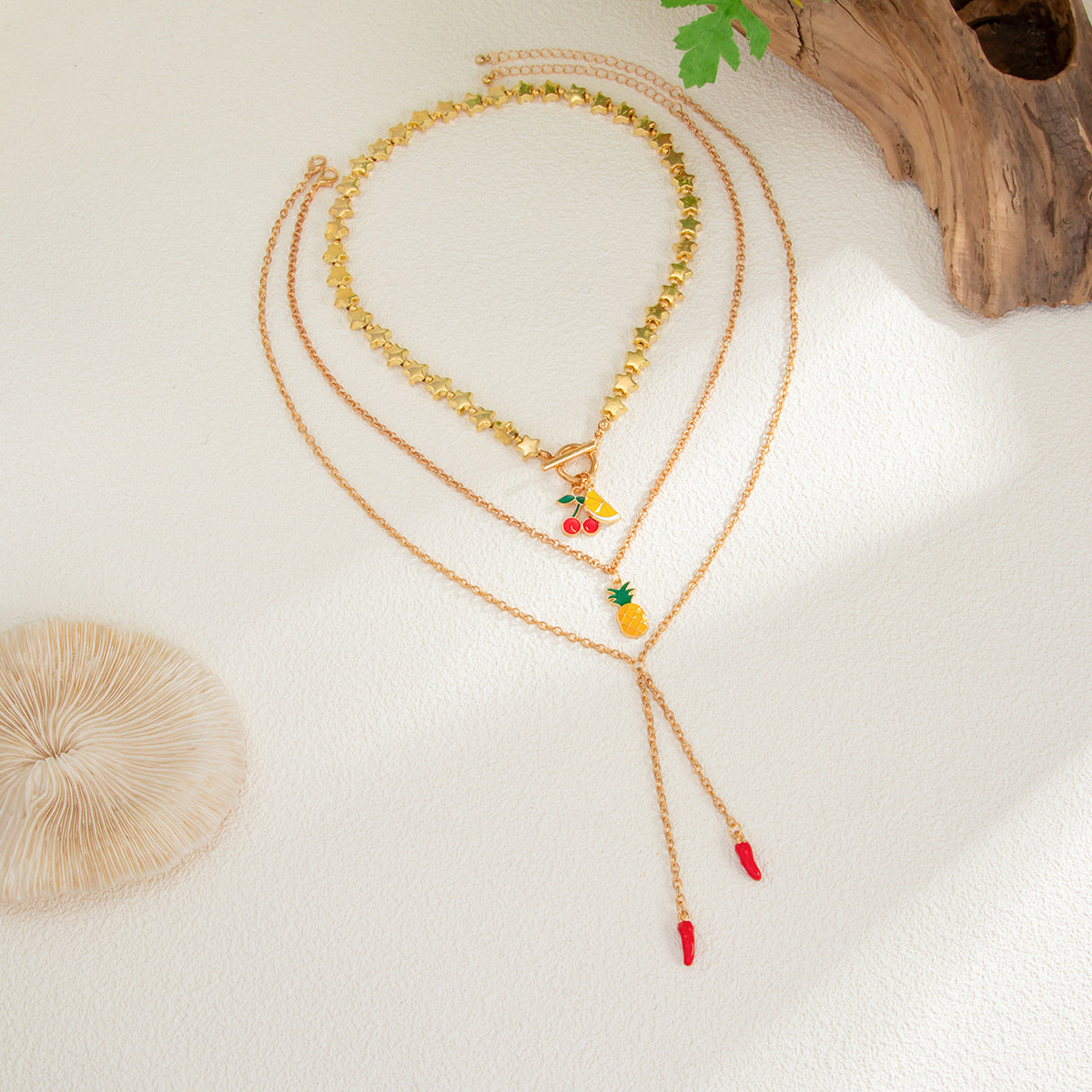 Pineapple & Cherry Y-Shaped Fringe Necklace