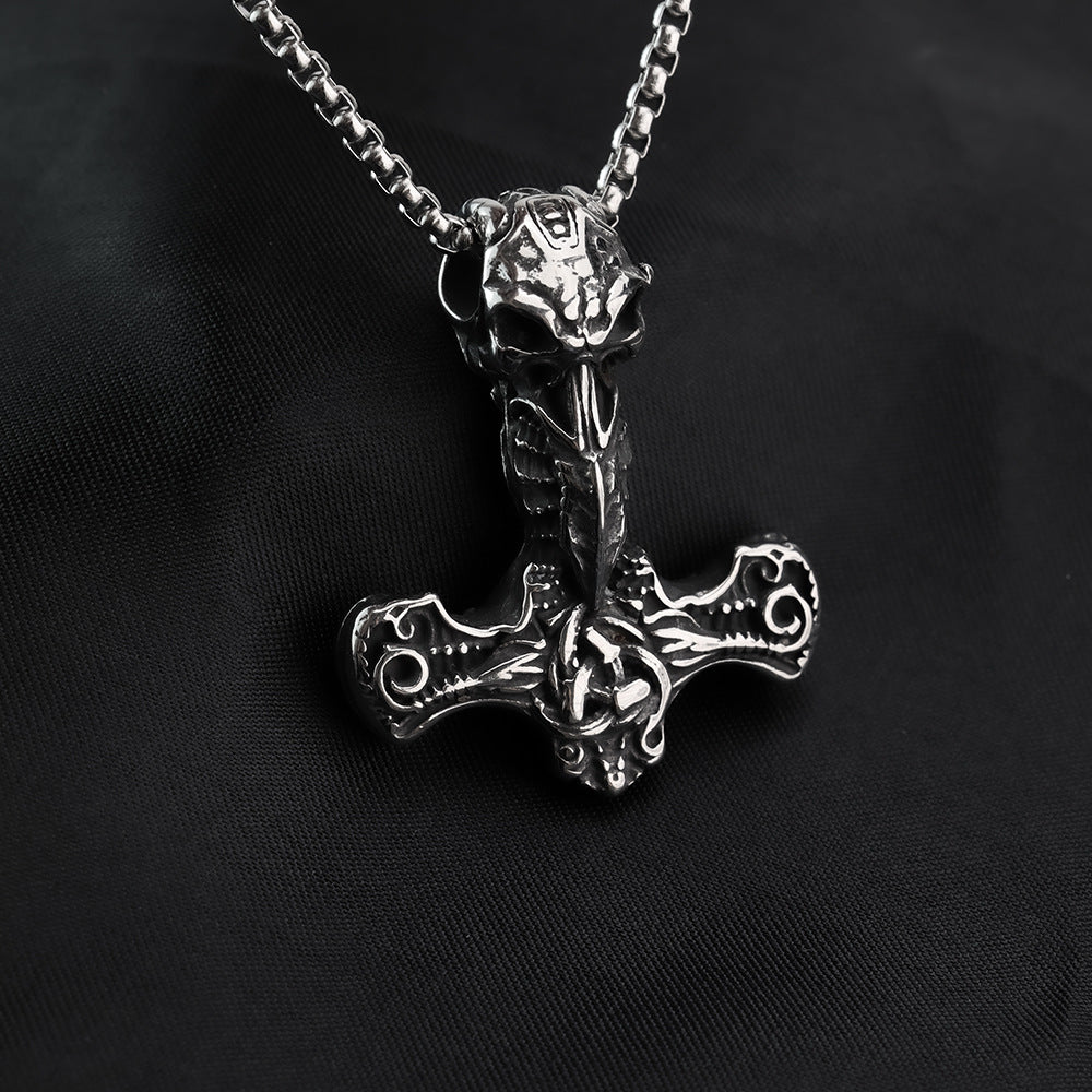 European And American Jewelry Wholesale Titanium Steel Pendant Men's Stainless Steel Necklace Retro Viking Crow Thor Hammer