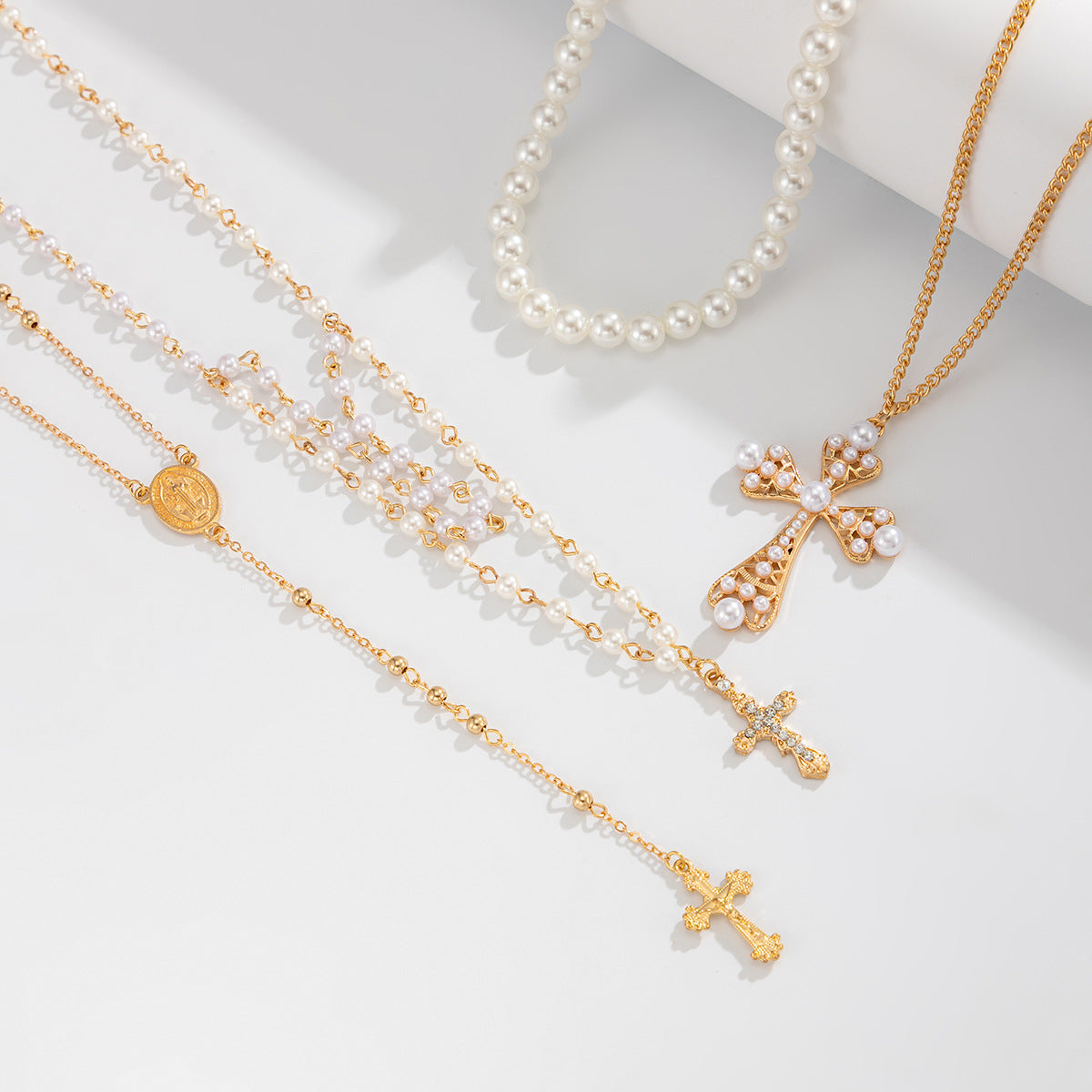 French Stacked Portrait Imitation Pearl Necklace Ethnic Exaggerated Cross Pendant
