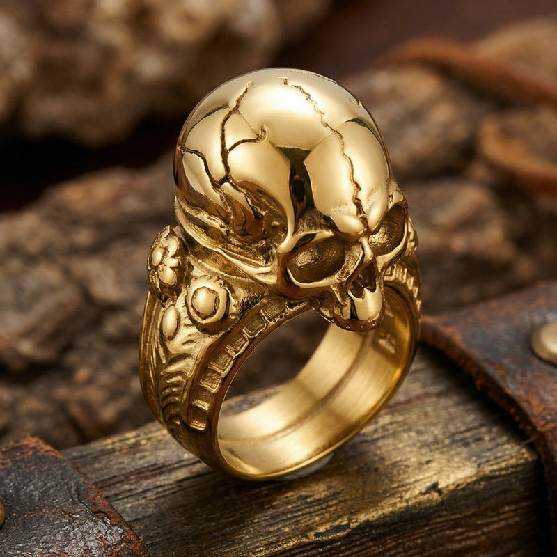 Gothic Ghost Head Ring, Punk Style Retro Dark Crack Skull Stainless Steel Men's