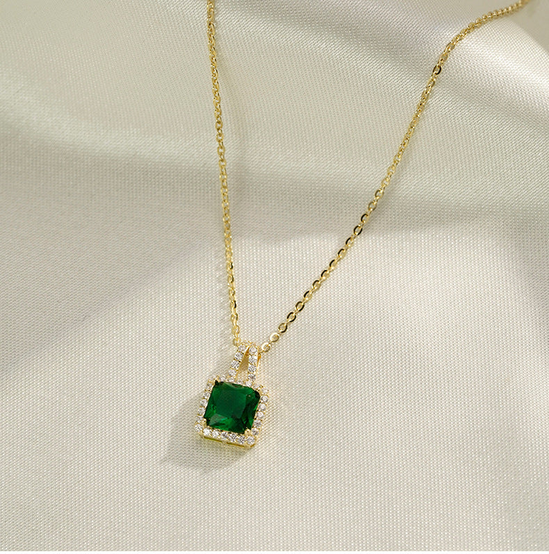 Soleste Halo Square Emerald Green Zircon Silver Necklace