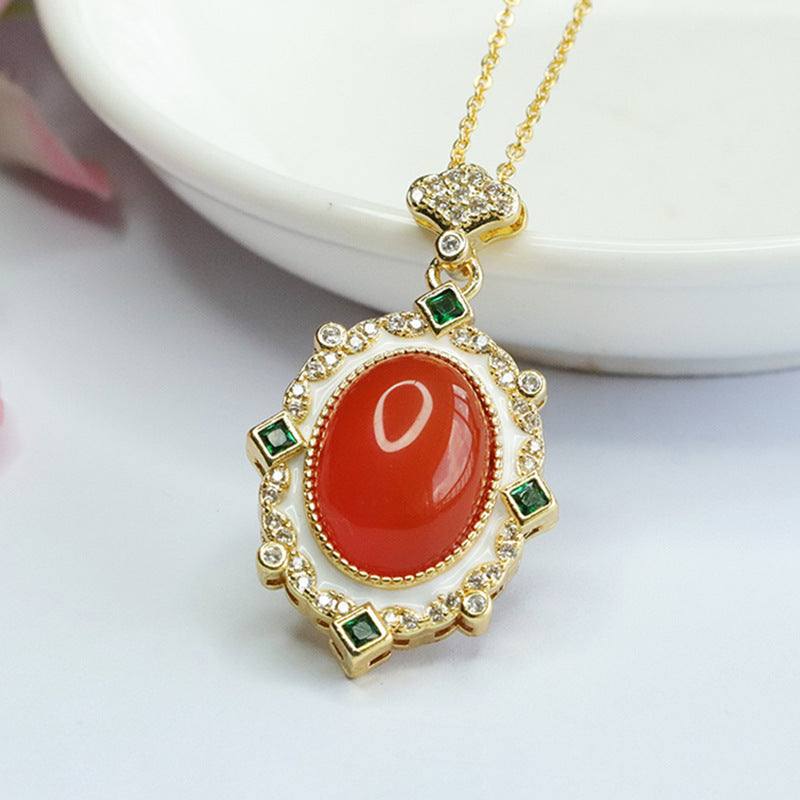 Red Agate Zircon Pendant Necklace with Sterling Silver Chain