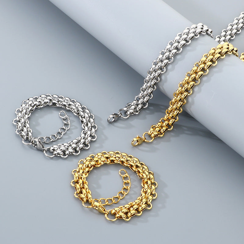 Mens Titanium Steel Triple Row Chain Necklace Bracelet