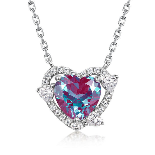 Planderful Jewelry S925 Sterling Silver Alexandrite Necklace In Heart Design With Collarbone Chain