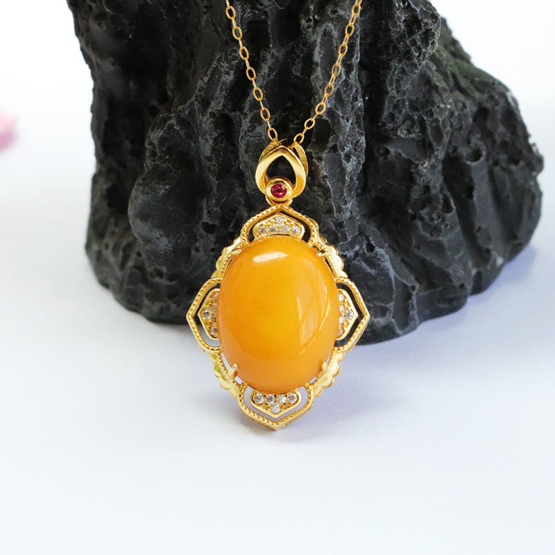S925 Sterling Silver Oval Beeswax Pendant Necklace with Hollow Petal Zircon Jewelry