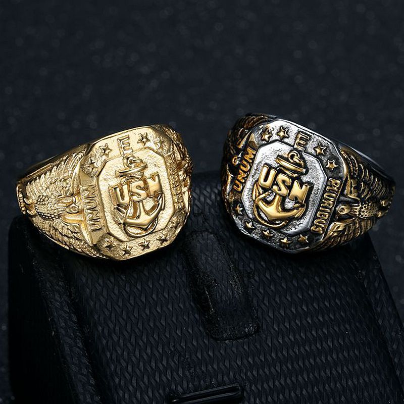 Hip Hop Ring For Men By Planderful Bold Gold Plated Titanium Steel USN Anchor Eagle Motif