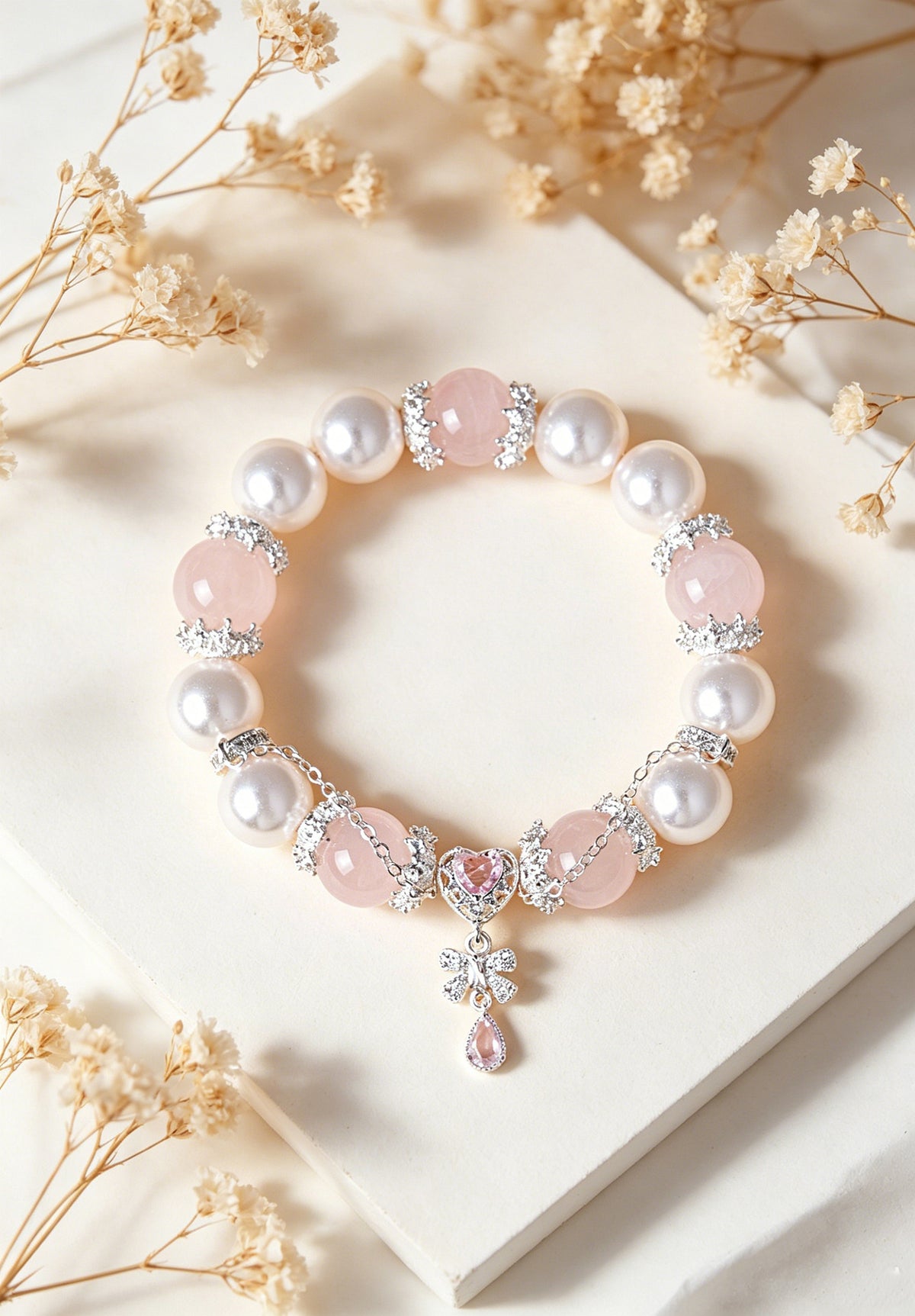 Rose Quartz Crystal Butterfly Heart Bracelet