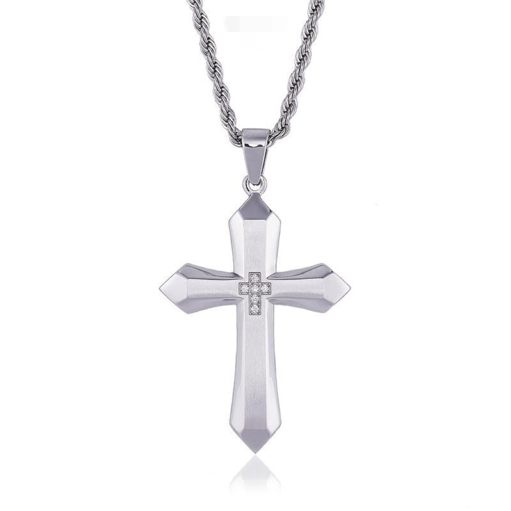 Trend jewelry European and American zircon cross necklace titanium steel men's hip-hop personality stainless steel pendant