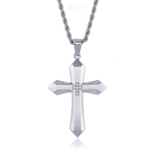 Trend jewelry European and American zircon cross necklace titanium steel men's hip-hop personality stainless steel pendant
