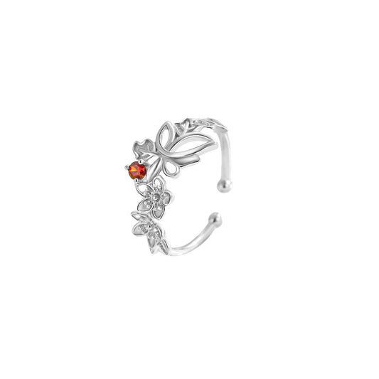 Planderful Luxurious Medieval Butterfly Ring Red Zircon For Women S925 Sterling Adjustable Opening Vintage Style